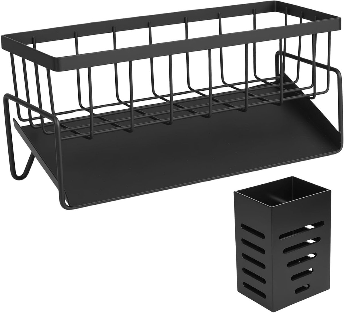 Zwarte Spons Houder voor Keuken en Badkamer - Zelf Leeglopende Opbergdoos voor Afwasmiddel, Keukenaccessoires en Organisatie van de Goederen