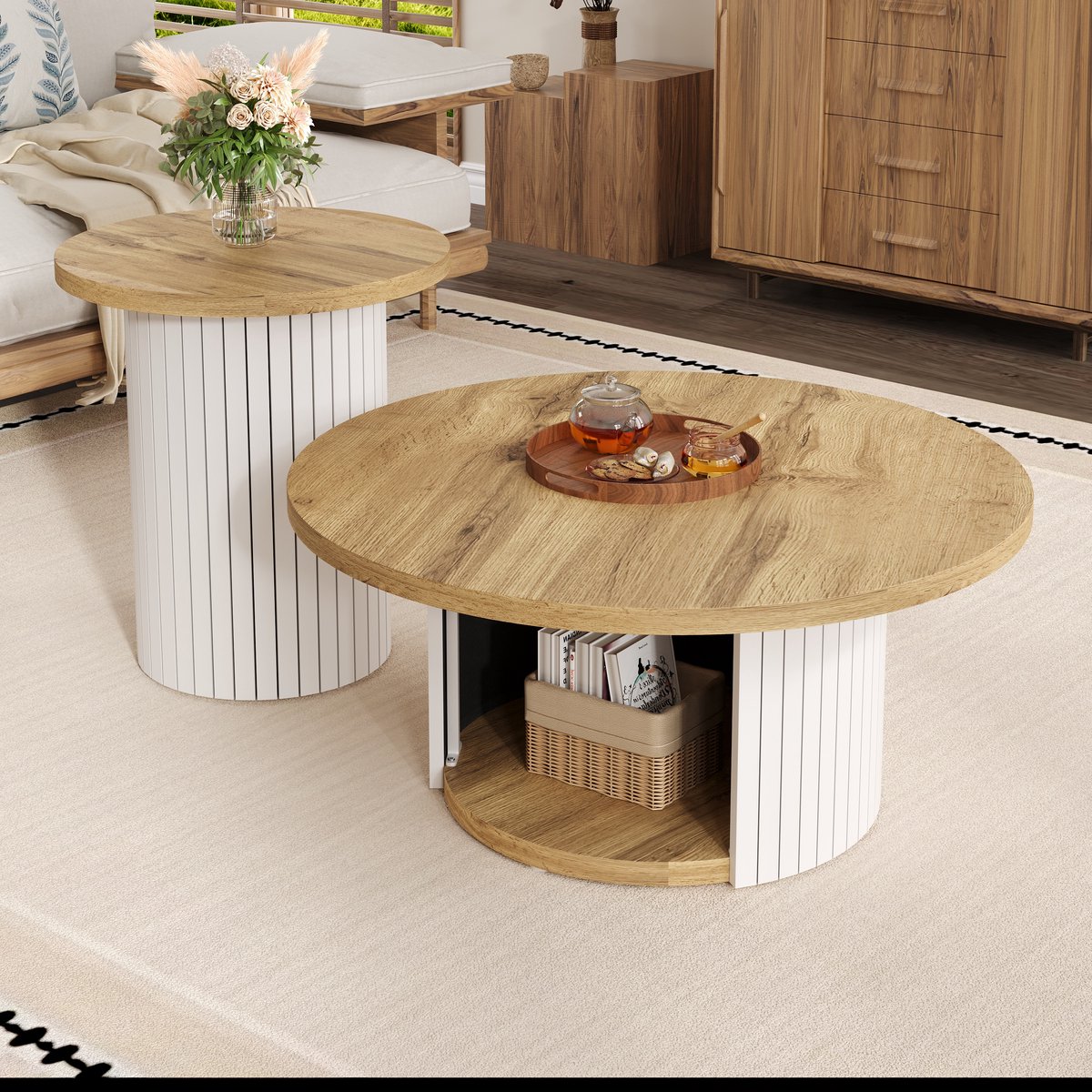 MIVRAY Salontafelset - Dubbele Ronde Tafels Met Opbergruimte - Flexibel Voor Woonkamer - MDF In Naturel - 75x75x50 En 45x45x35 Natuurlijk
