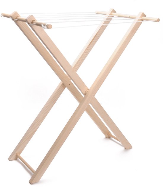 Houten droogrek met zes witte waslijnen, opklapbaar.