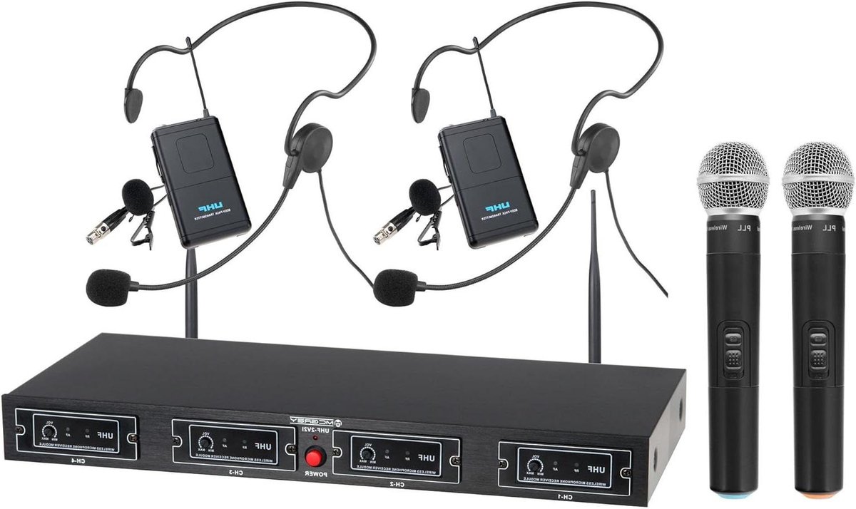 Draadloze Microfoonset - UHF Microfoon Systeem - Evenementen Presenteren - Vier Kanalen - 50m Bereik - Zwart