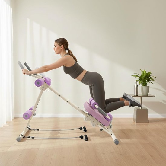 Inklapbaar buikspiertrainingsapparaat met trekkoorden, paars/wit, stalen buis en schuim, 5 hoogte-instellingen, 125 x 41 x 82 cm, 100 kg belastbaarheid