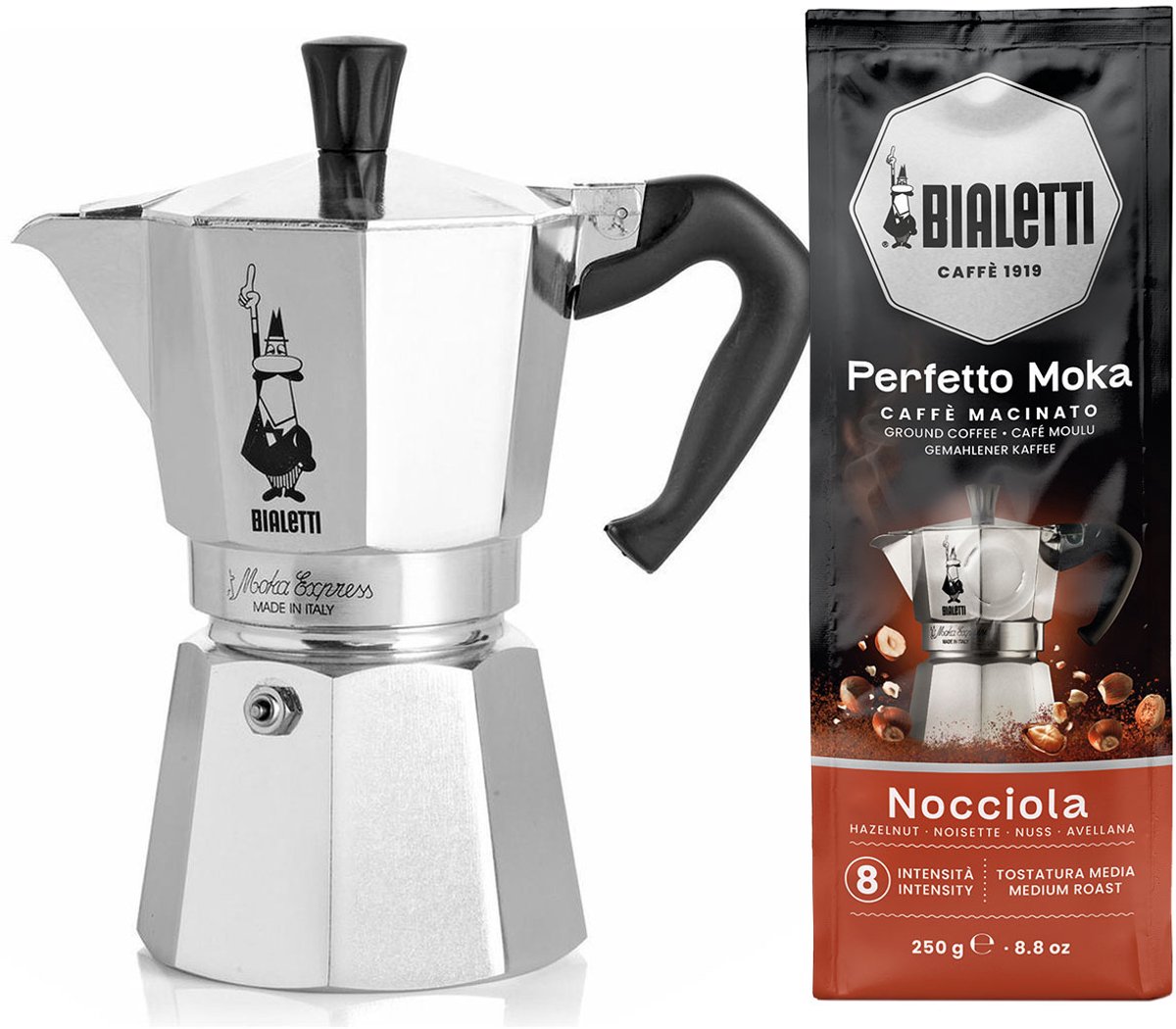 Bialetti Moka Express 4 kops + Bialetti Hazelnoot gemalen koffie 250gr