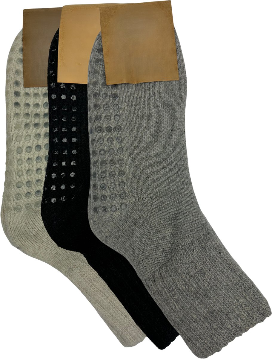 Marco Rossi Alpaca Dames Pilates antislip sokken - Yoga Pilates Sokken met Grip - Antislip Wollen sokken - Yoga Sokken - Antislip - Ballet - 3 Paar - Zwart/Grijs/Wit - Maat 36-41