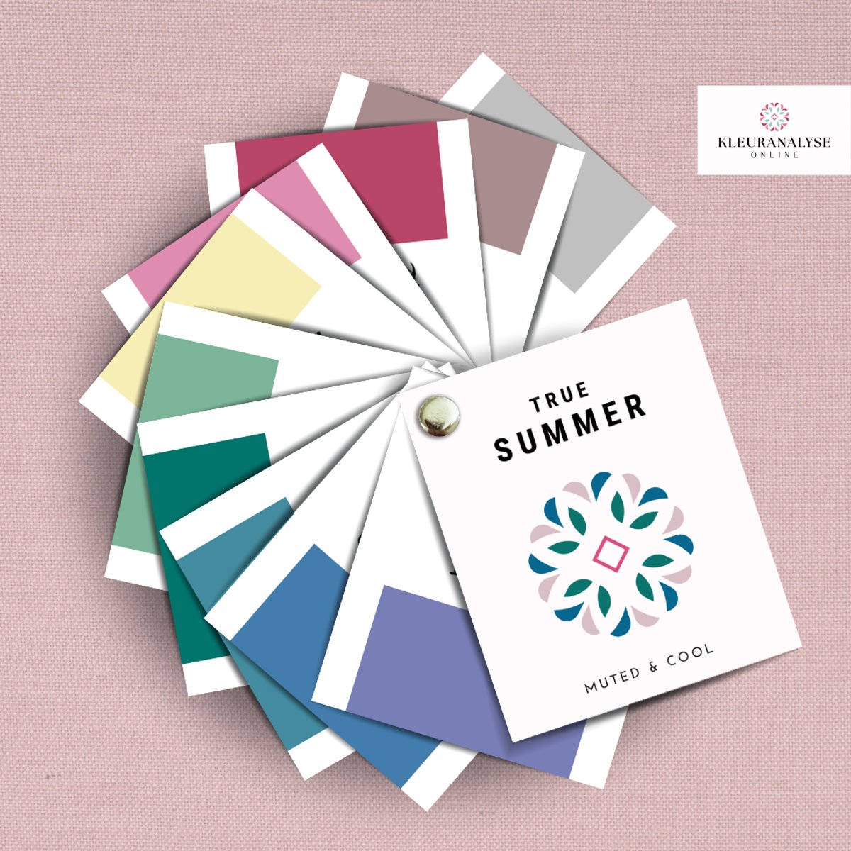 True Summer Kleurenwaaier – Seizoenskleuren – Kleurtype Zomertype – Koel & Gedempt – Kleuranalyse – Kleuradvies Voor Kleding