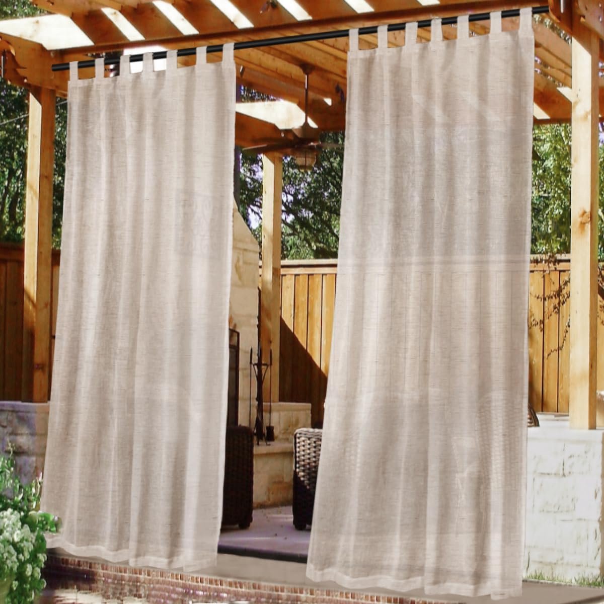 Buiten gordijnen van linnenlook voor terras, lichtfilterend porch decor met afneembare zelfklevende lussen bovenaan, voor veranda / tuinpavi