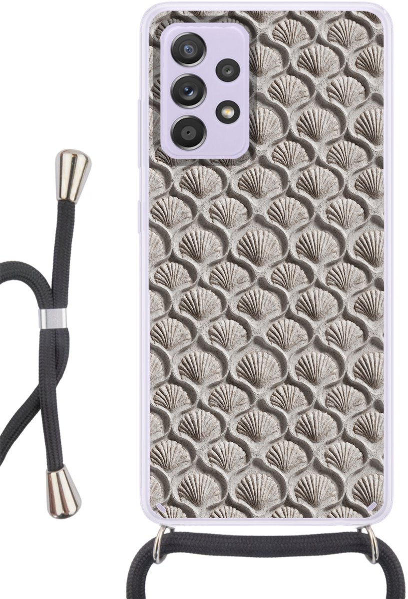 Telefoonhoesje Geschikt voor Samsung Galaxy A53 5G - Zand - Schelpenvorm - Grijs - Siliconen - Crossbody - Backcover met Koord - Telefoonhoesje met koord - Hoesje met touw Telefoonhoesje