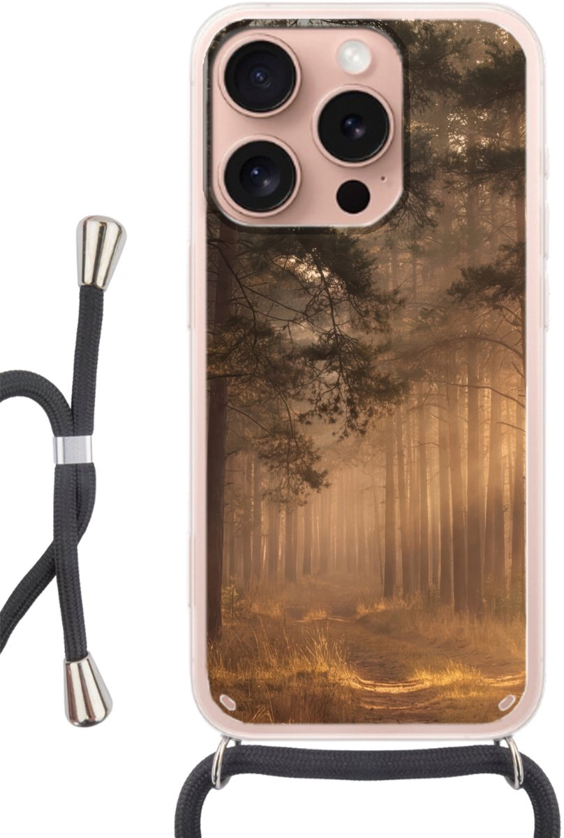 Telefoonhoesje Geschikt voor iPhone 16 Pro - Bos - Mist - Zonlicht - Siliconen - Crossbody - Backcover met Koord - Telefoonhoesje met koord - Hoesje met touw Telefoonhoesje