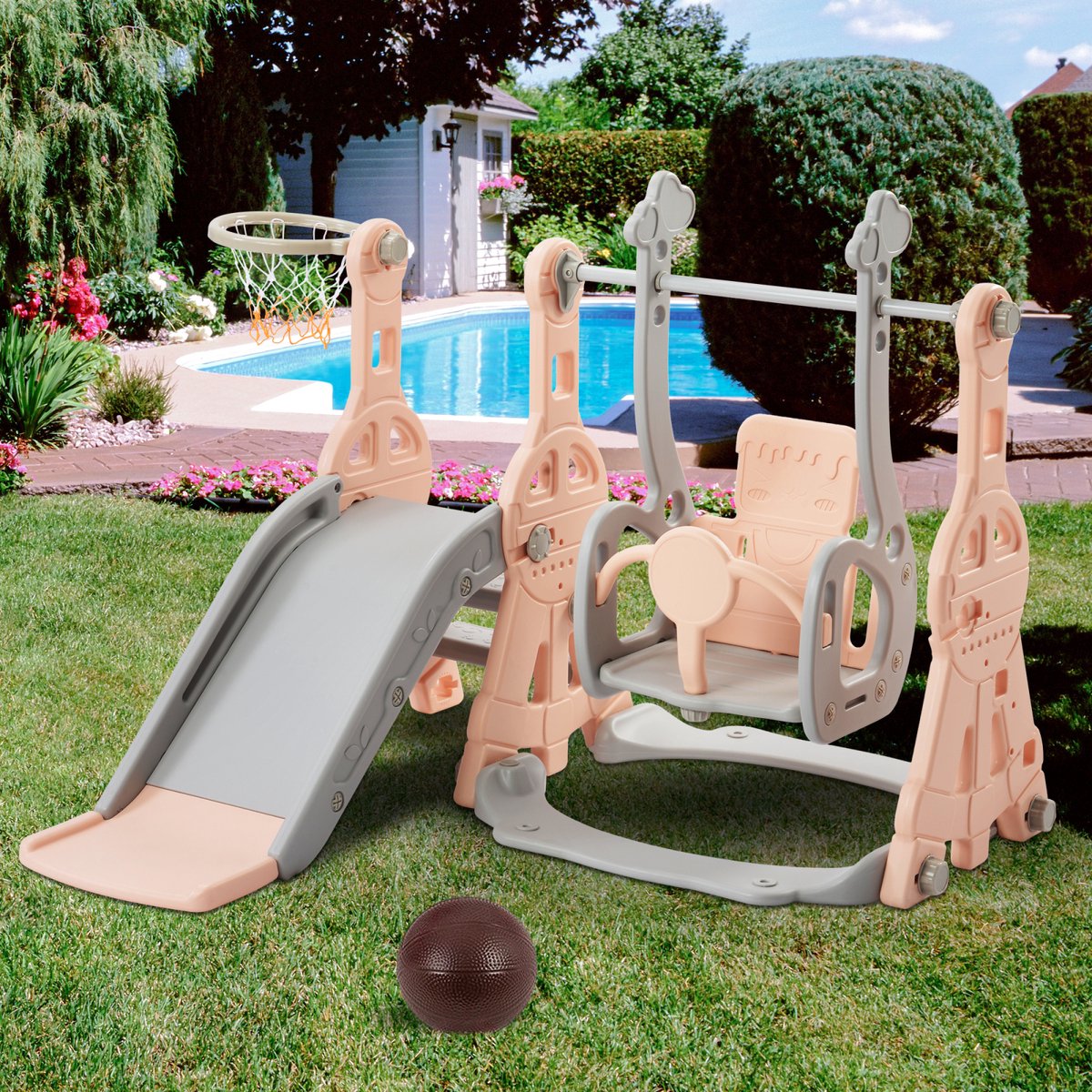 Kinder buitenspeelset - Speelgoed - Kinderspeeltoestel Tuin - Voor Buiten / Achtertuin - 4-in-1 - Speeltoestel met Glijbaan, Klimmuur & Basketbalring - roze