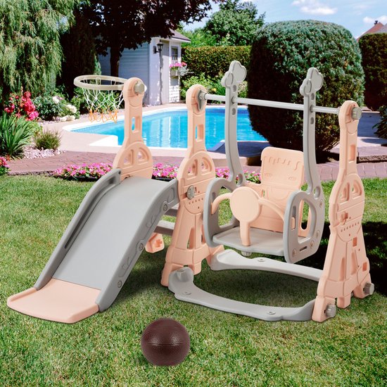 Kinder buitenspeelset - Speelgoed - Kinderspeeltoestel Tuin - Voor Buiten / Achtertuin - 4-in-1 - Speeltoestel met Glijbaan, Klimmuur & Basketbalring - roze