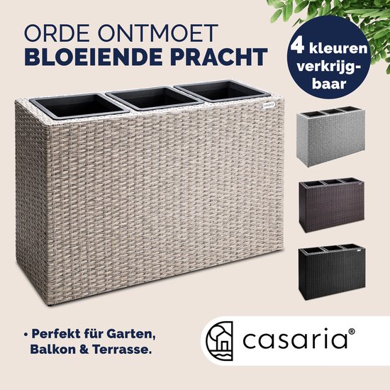 Beige plantenbak met vlechtstructuur, 3 plantenbakken en 4 kleuren beschikbaar. Perfect voor tuin, balkon & terras.