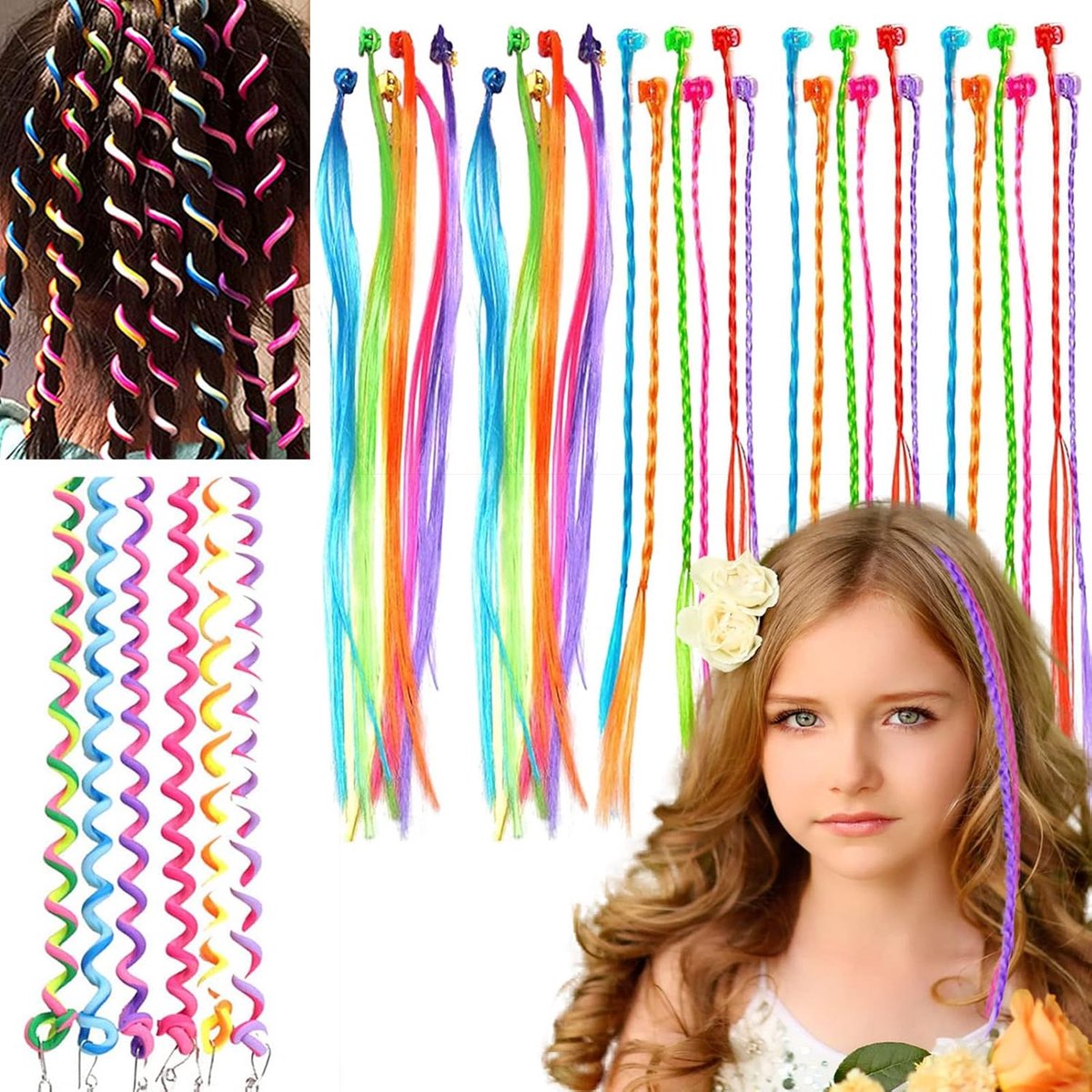 36 Stukken Gekleurde Haarextensions - Kleurrijke Clips - Haaraccessoires voor Meisjes - Kids - Haarstrengen voor Klemmen voor Feest - Festival - Decoratie - Cadeaus