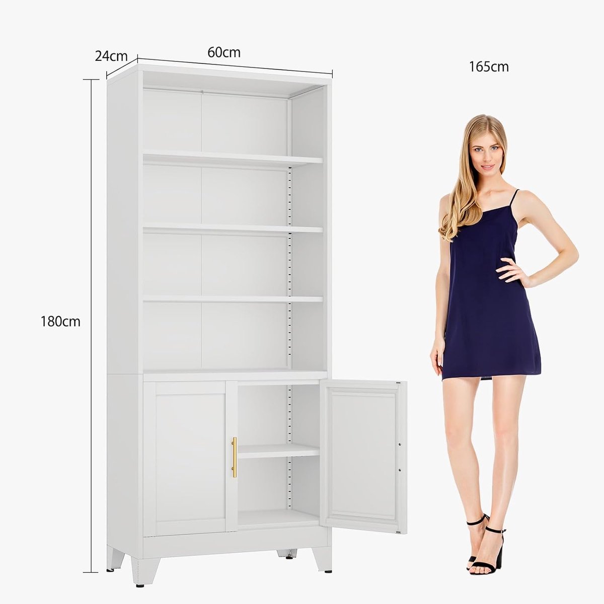Boekenkast- Boekenkast Metaal 180 cm met Deuren en Verstelbare Planken Industriële Opbergkast 6 Niveaus – Stalen Kast voor Woonkamer, Slaapkamer, Kantoor – Wit – abtkantoor
