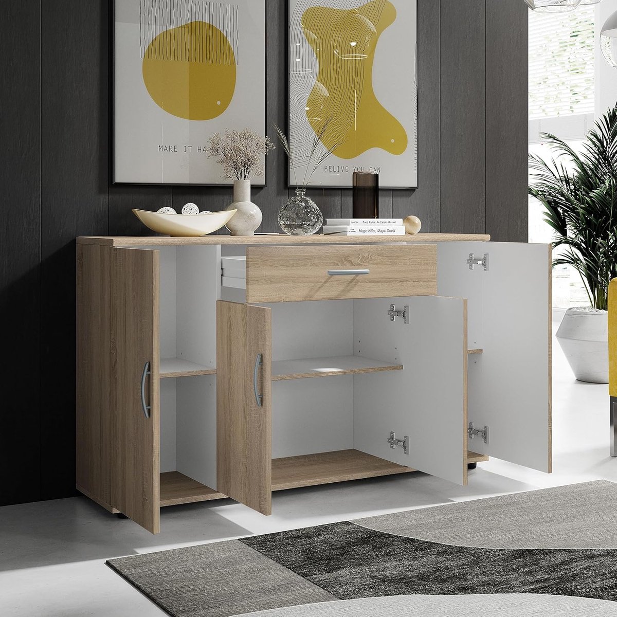 Dressoir Kast Beukenlook 118 x 70 x 30 cm Moderne Opbergkast met Lade en Deuren Veel Opbergruimte Sideboard voor Woonkamer Eetkamer Slaapkamer en Hal Urbanhome