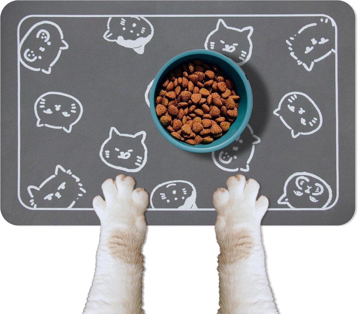 OLOEY Voermat voor katten-geschikt voor het voeren van honden of katten-antislip en superabsorberend-met logo van meerdere kattenkopjes-46,7 x 30 cm-grijs