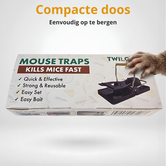 Doos muizenval 'Mouse Traps Kills Mice Fast' met zwarte muizenval en pootje van een kat.