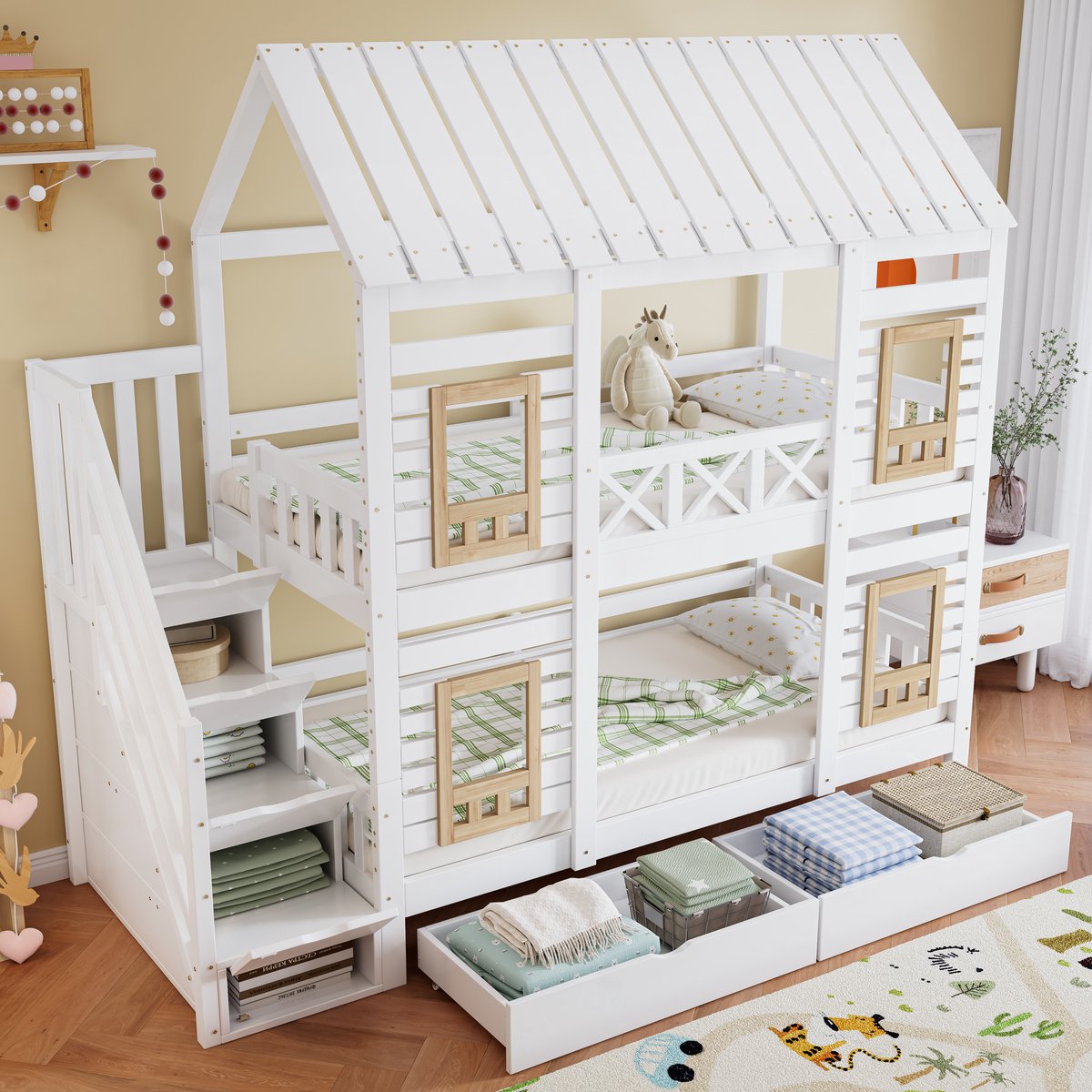 FloraGrace Stapelbed 90x200 cm - Opbergtrap en 2 Laden - Kinderbed met Ramen - Hout en MDF - Zonder Matras - Wit/Naturel
