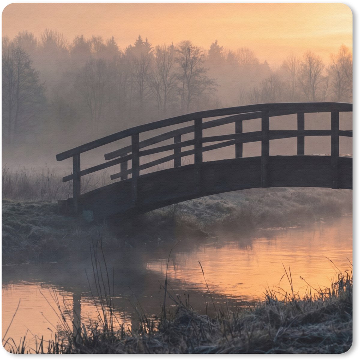 Muismat 30x30 cm - Mousepad Brug - Mist - Bomen - Water - Muismatten
