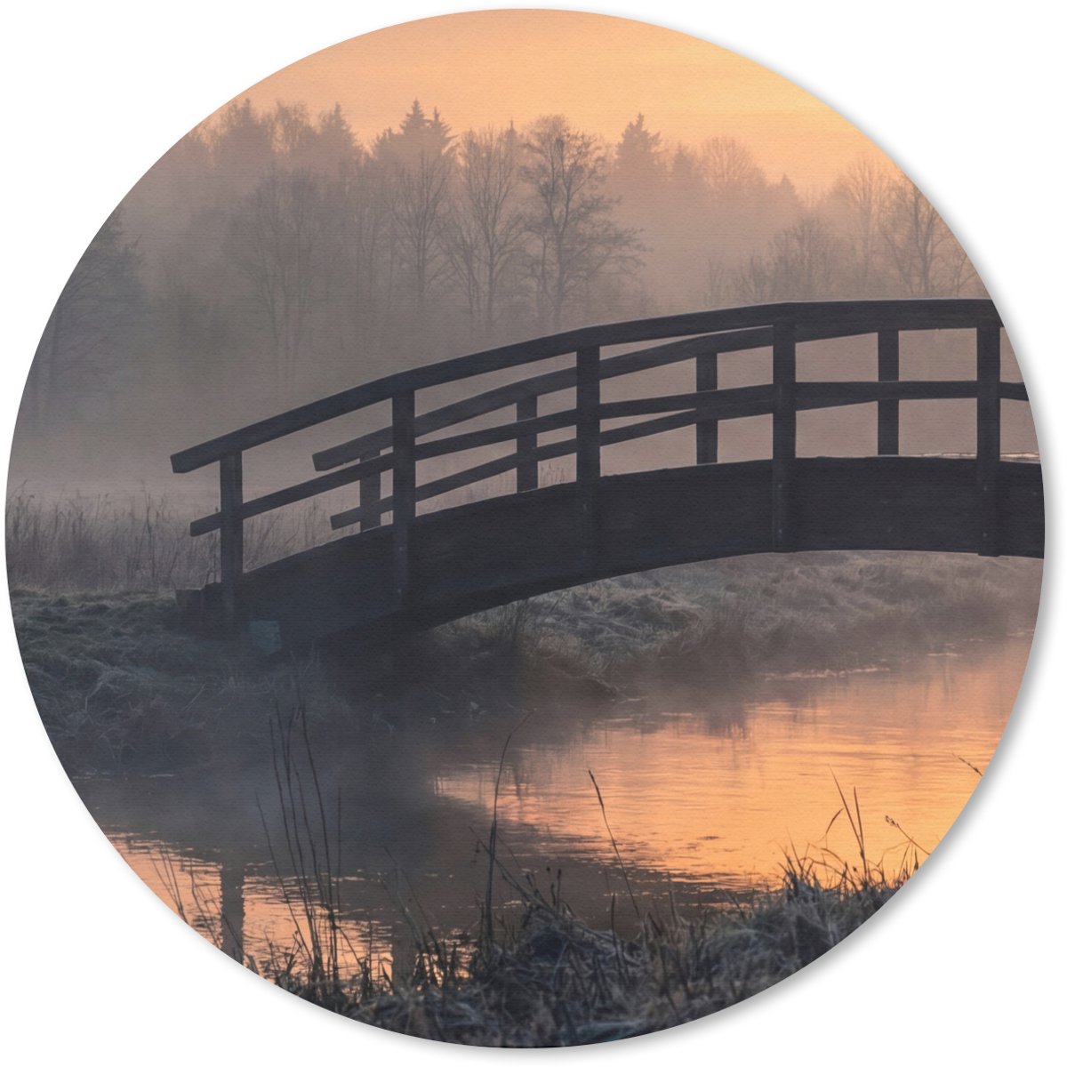 Muismat rond 40x40 cm - Mousepad Brug - Mist - Bomen - Water - Ronde muismatten