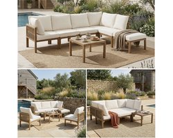 Tuin tafel- en stoelencombinatie - tuingarnituur - hoekbank - buitenloungebed - eettafel - ligstoel - modulaire bank - beige en houtkleur