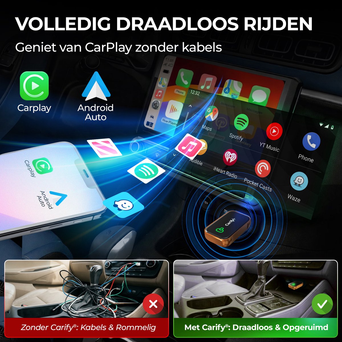 Carify Premium 2-in-1 draadloze CarPlay & Android Auto adapter USB-A/C Bluetooth 5.4 oranje dongle - Afbeelding 5