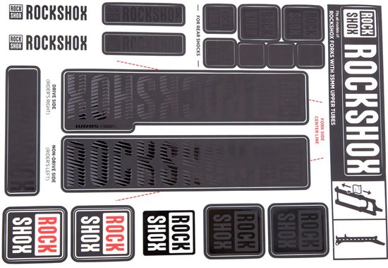 Een vel met RockShox logo stickers in het zwart, met vermeldingen zoals 'ROCKSHOX', 'FOR REAR SHOCKS', 'FORKS WITH 35MM UPPER TUBES', 'DRIVE SIDE' en 'NON-DRIVE SIDE'.