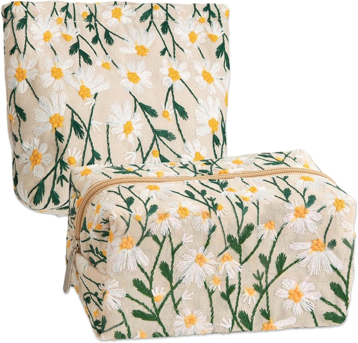 Elegante Set van 2 Cosmetica Tassen met Bloemenpatroon van Zachte Katoen voor Toiletten en Make-up, Off White, Ideaal voor Vrouwen