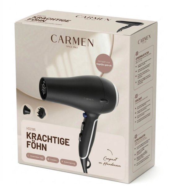 Carmen HD2195 - Föhn - 2000 Watt - Coolshot - 2,5 meter snoer - Blaasmond en diffuser - Zwart