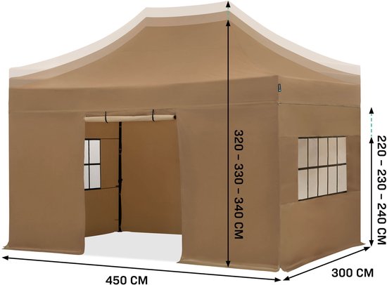 VONROC Easy-Up Partytent – 3x4.5 m - Premium easy-up Partytent - Set incl. Zijwanden - Modu-lair Ontwerp – Opvouwbaar – Waterdicht – Stalen Frame - 50+ UV Bescherming - Incl. Opbergtas - Beige