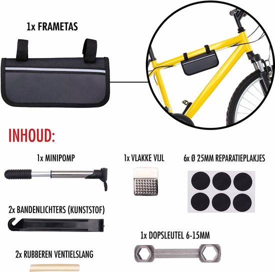 Details van een fietsreparatieset: mini pomp, plakset, bandenlichters, rasp, lijm en een dubbele ringsleutel.