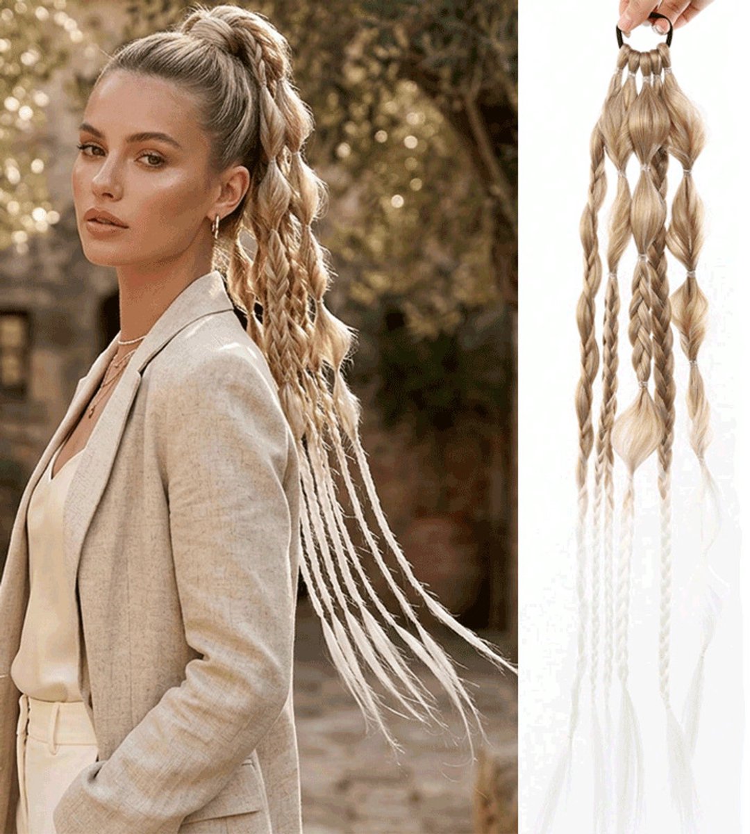 Topmelon Braided Ponytail Extensions - Ponytail extensions - Haar extensions - Ponytail - Extensions- Lampion Bubble Vlecht Haar - 61CM - Bruin & Blond | Blond+Wit