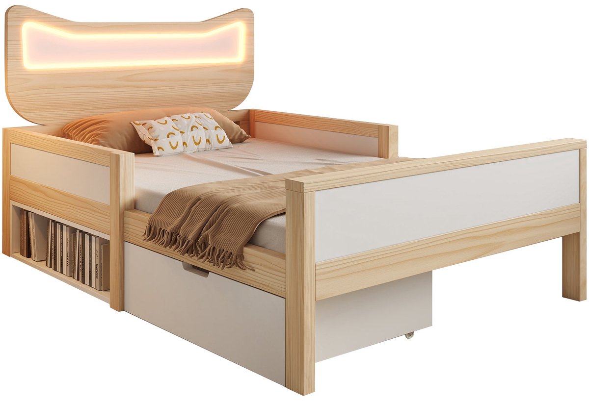 Merax Hoogslaper 90x200 Cm - Met Bureau - Opbergplanken - Opbergnet - Veiligheidstrap - LED Verlichting - Stopcontact - Wit
