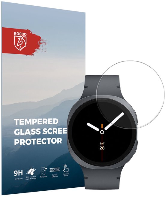 Smartwatch met donkergrijze band en schermprotector. Verpakking met ROSSO logo en tekst 'Tempered Glass Screen Protector'. Iconen: '9H Quality', 'Dirt-resistant', 'Real glass', 'Perfect adhesion', 'Sensitive touch'.
