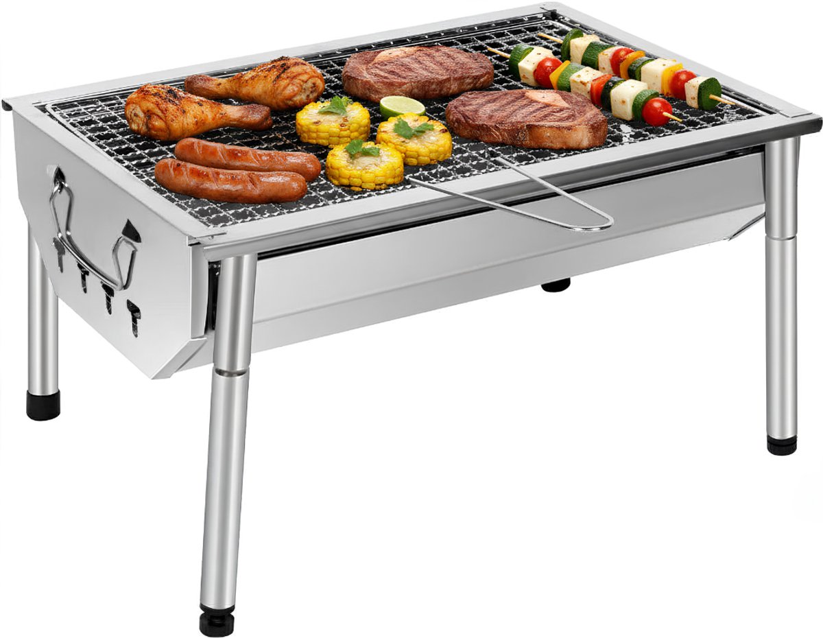 KAD® Draagbare Tafelbarbecue - Houtskool - Met Deksel & Ventilatierooster - Ideaal voor Camping & Balkon - Zilver - 28cm x 40cm x 22cm