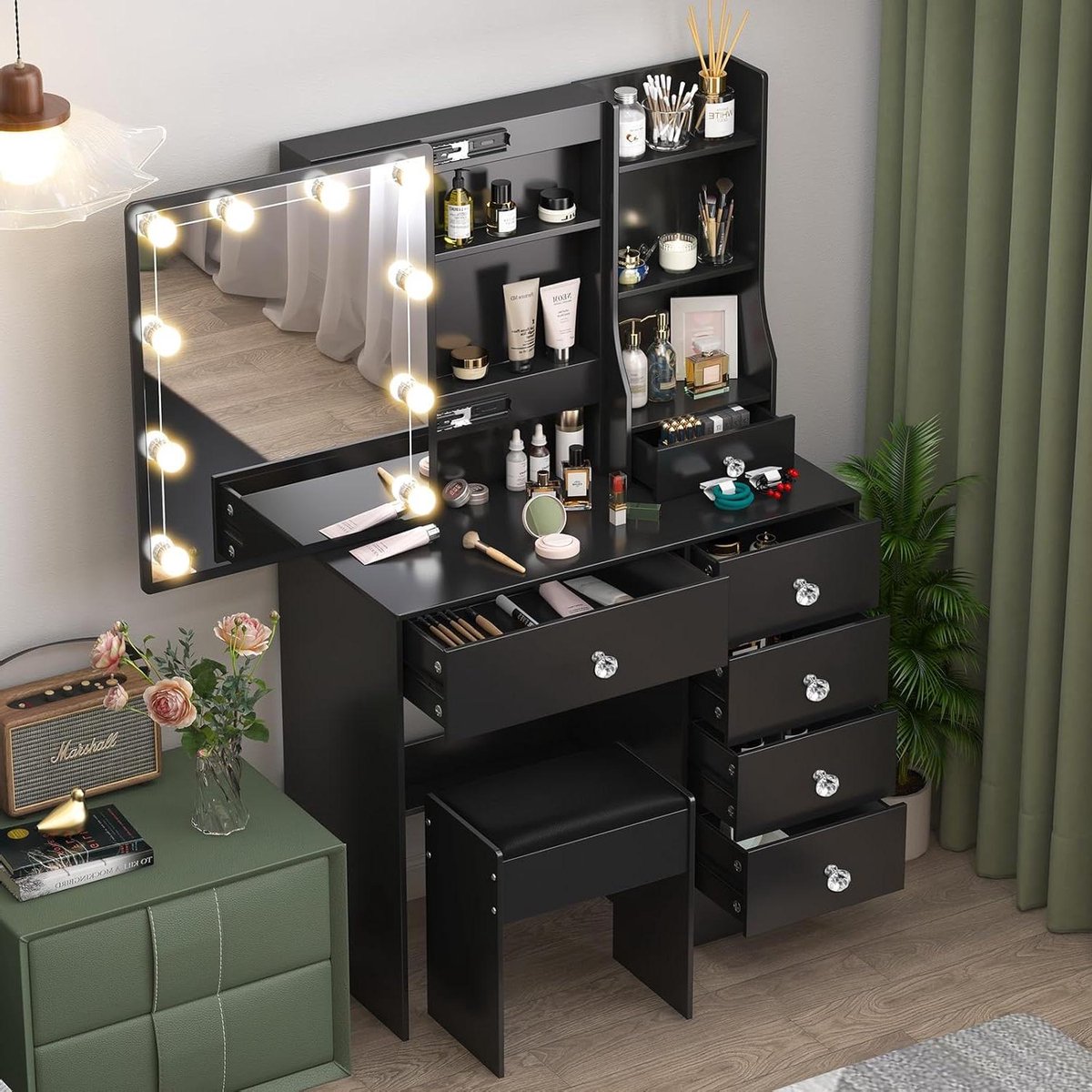 Kaptafel met Spiegel - Make-uptafel Schminktafel - Schoonheidsroutine Organiseren - Ledverlichting met USB - 36 x 80 x 131 cm