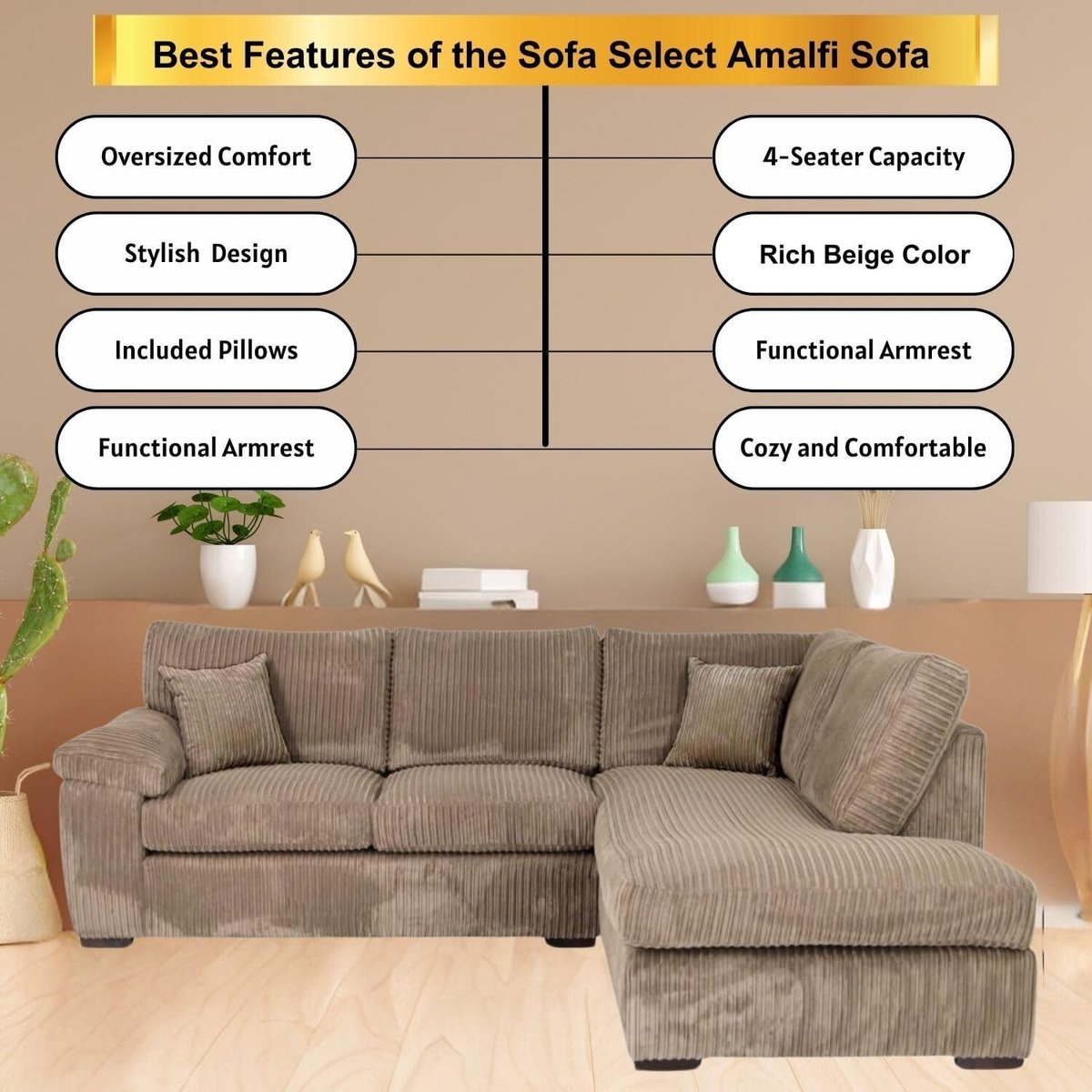 4-Zits Hoekbank – Arqam Amalfi Luxe Comfort Sofa XL – L-Vorm Bank met Armleuning – Jumbo Cord Stof – Inclusief 4 Kussens – Modern Design – Beige Woonkamerbank