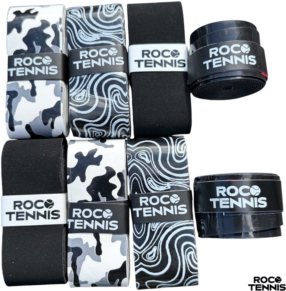8 stuks | Roco Tennis Overgrips | Antislip | Dry | Zweetabsorberend | Uniek Patroon | Tennis | Padel | Badminton | Squash | Overgrip | Tennisgrips | Soft | Zacht | Zwart