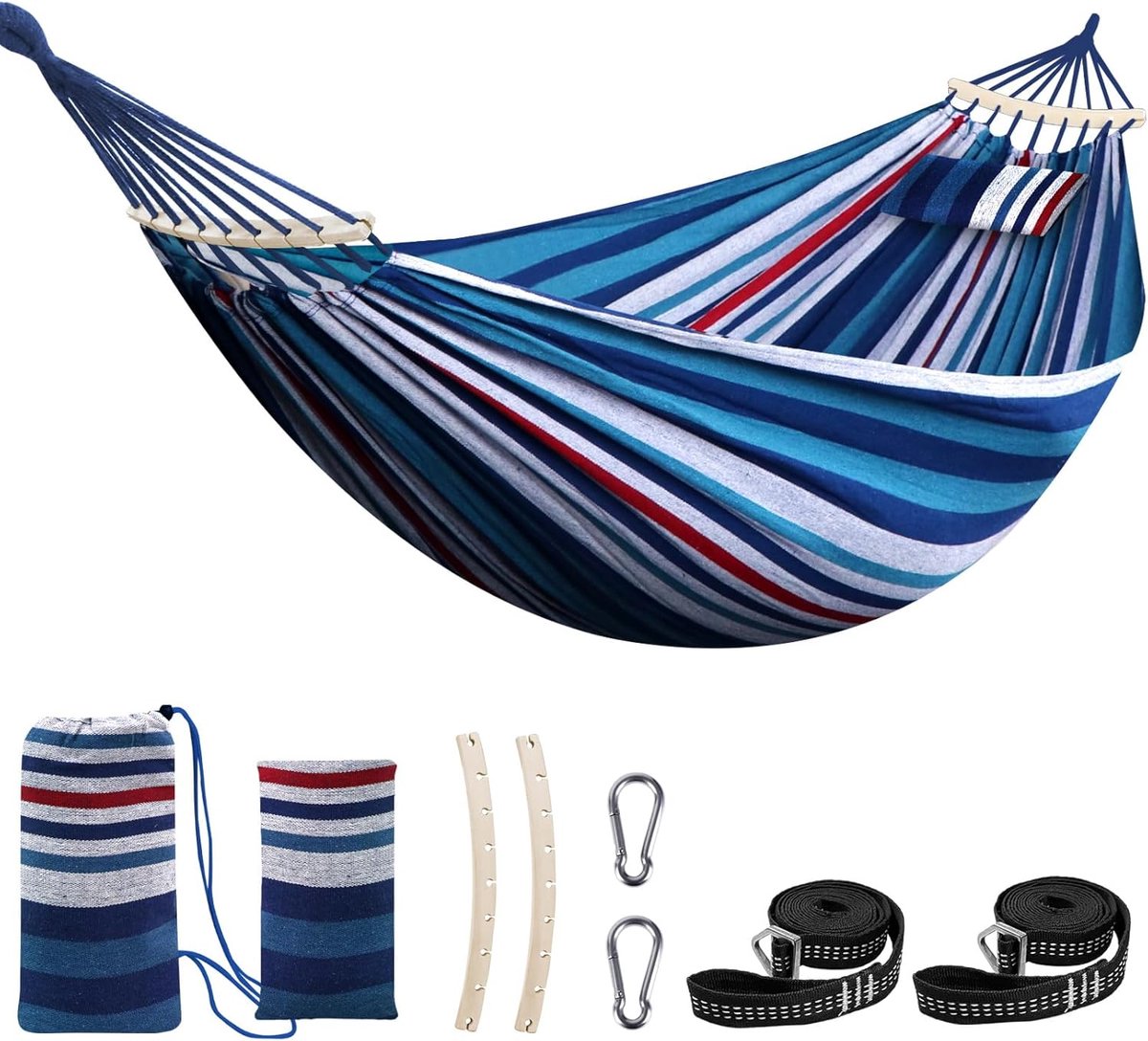 Hangmat - Draagbaar met draagtas - 200 x 150 cm - Draagvermogen tot 300 kg - Blauw/Rood/Witte Strepen - Hangmat met Spreidstok - Weerbestendig - Hangmatten Camping - hangmat 2 persoons - Kussen 2 stevige riemen 2 karabiners - van Imperatoris