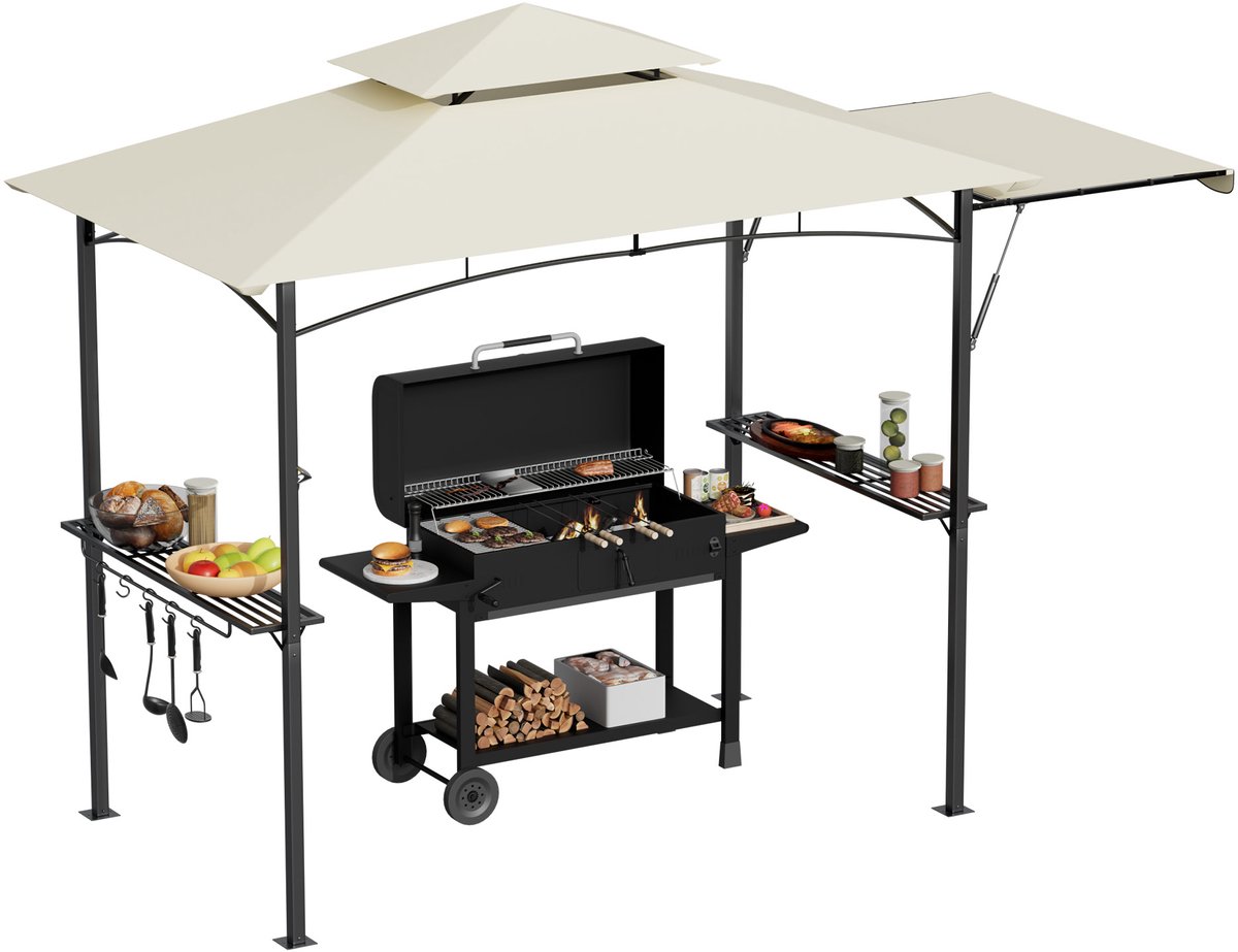 Aufun grillpaviljoen met zijplateau, dubbel dak, 2 tafels, haken en flesopener – uitschuifbaar met gasveer, bescherming voor tuin en grill, 245x141x253 cm, Beige