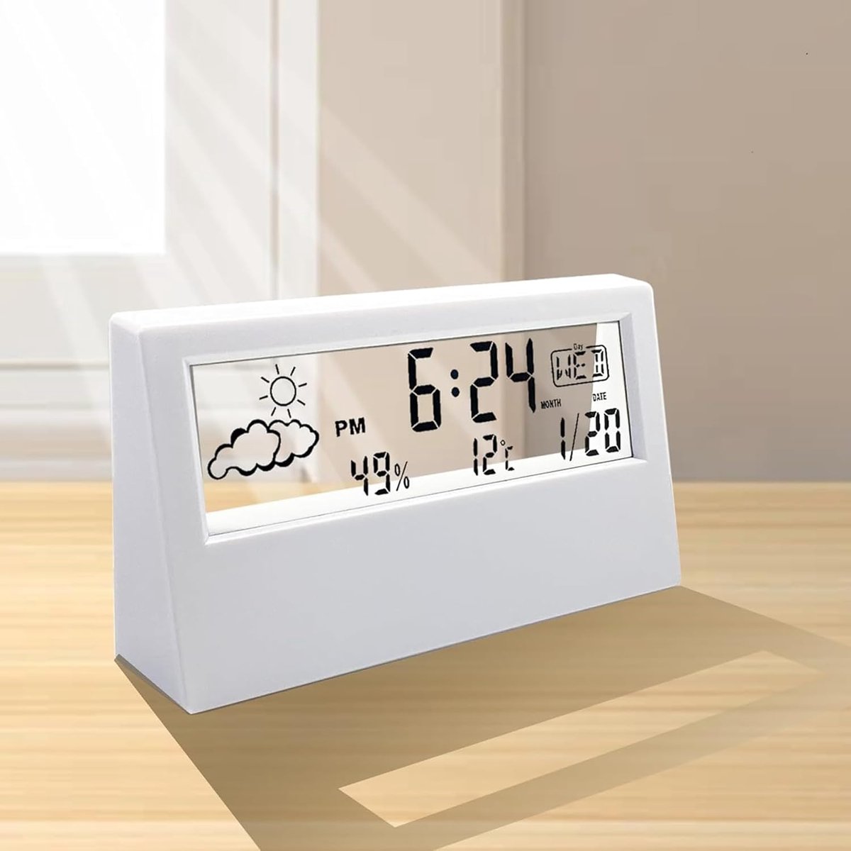 carmdering - Digitale Wekker met Transparant Display – Batterijgevoede Tafelklok met Alarm, Datum, Temperatuur en Luchtvochtigheid – Modern & Compact Design voor Slaapkamer en Bureau-wit
