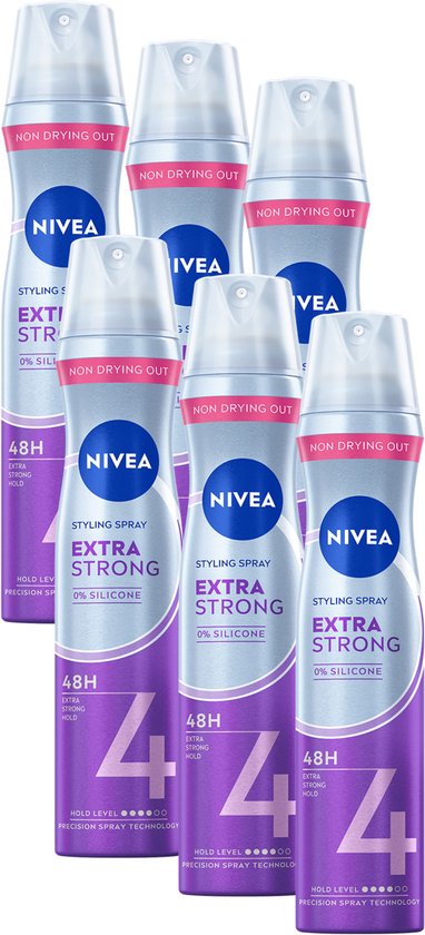 Voordeelverpakking van zes Nivea Styling Spray Extra Strong haarlak spuitbussen. Paars en zilver, met "4" erop.