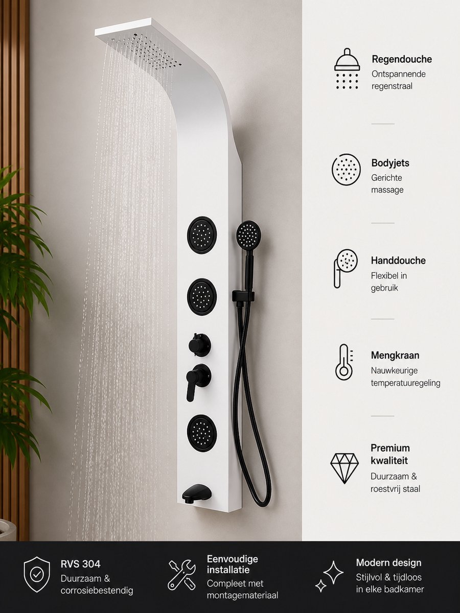 Luxe Mat Witte Douchekolom – Regendouche & Massagefunctie