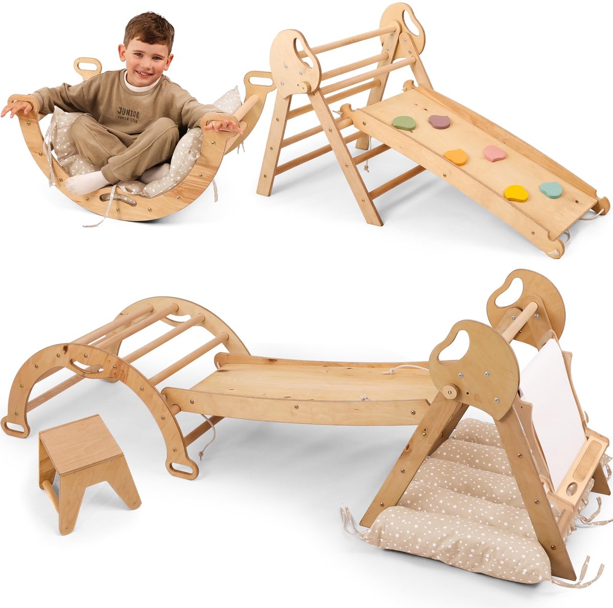 Goodevas 5-in-1 Houten Binnenspeeltoestel met Glijbaan – Montessori Klimdriehoek voor Kinderen vanaf 1 Jaar, Binnenspeeltuin, Klim- en Kunstset voor Peuters