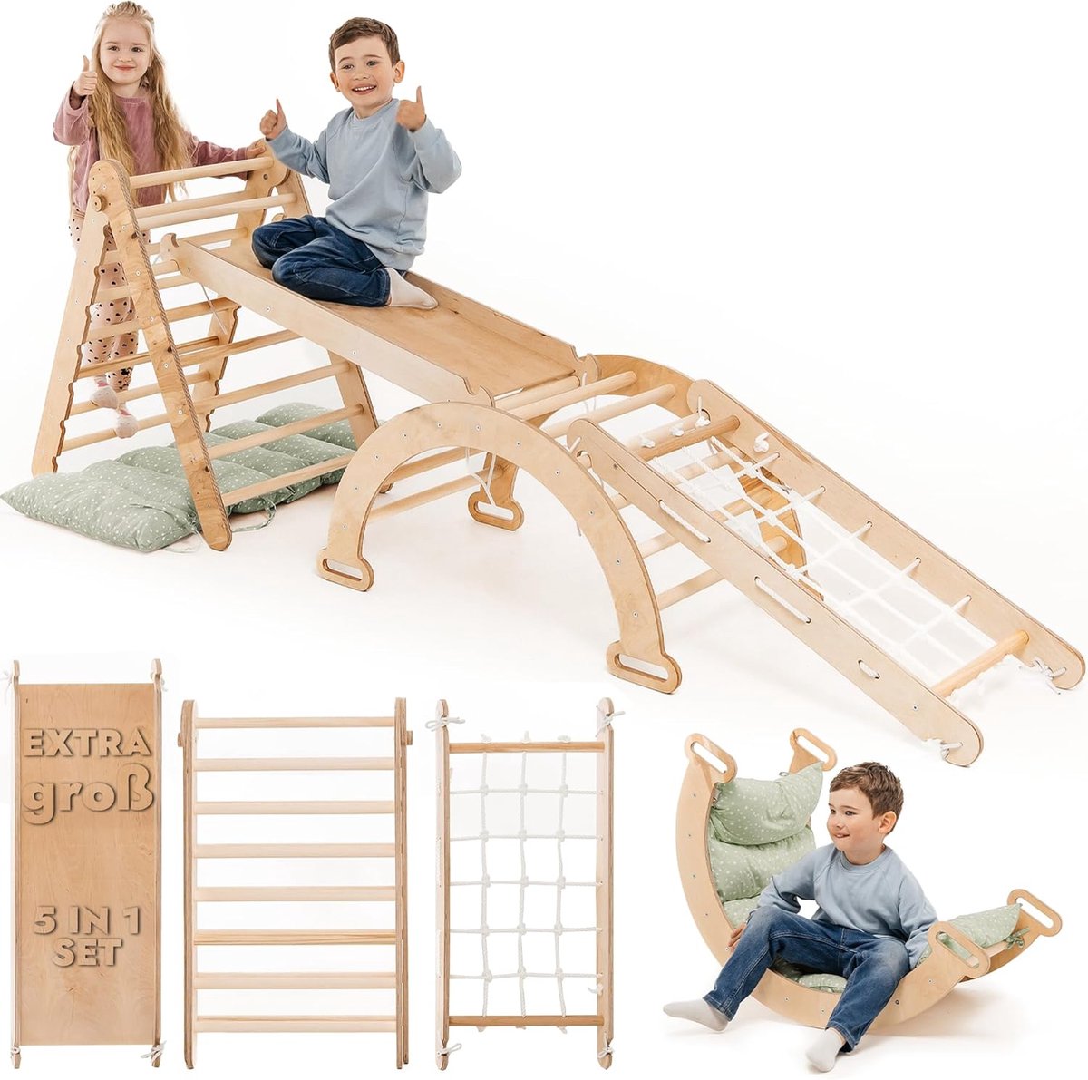 Goodevas Extra Groot 5-in-1 Indoor Klimtoestel voor Peuters – Pikler Driehoek, Klimboog, Helling & Klimnet met Groen Kussen – Montessori Houten Speeltoestel voor Kinderen van 1-5 Jaar