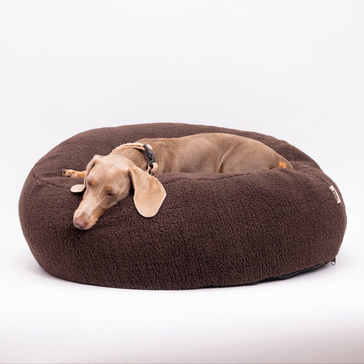 Poef teddy chocolate - Hondenkussen - Hondenpoef - Poef rond - Teddy bed - Zitzak - Hondenbed - Honden mand - Honden bank - Hondenmanden - Honden bed - Wasbaar teddy overtrek - Maat M