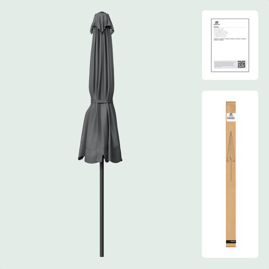 Donkergrijze, gesloten parasol met staander. Inclusief doos en instructies.
