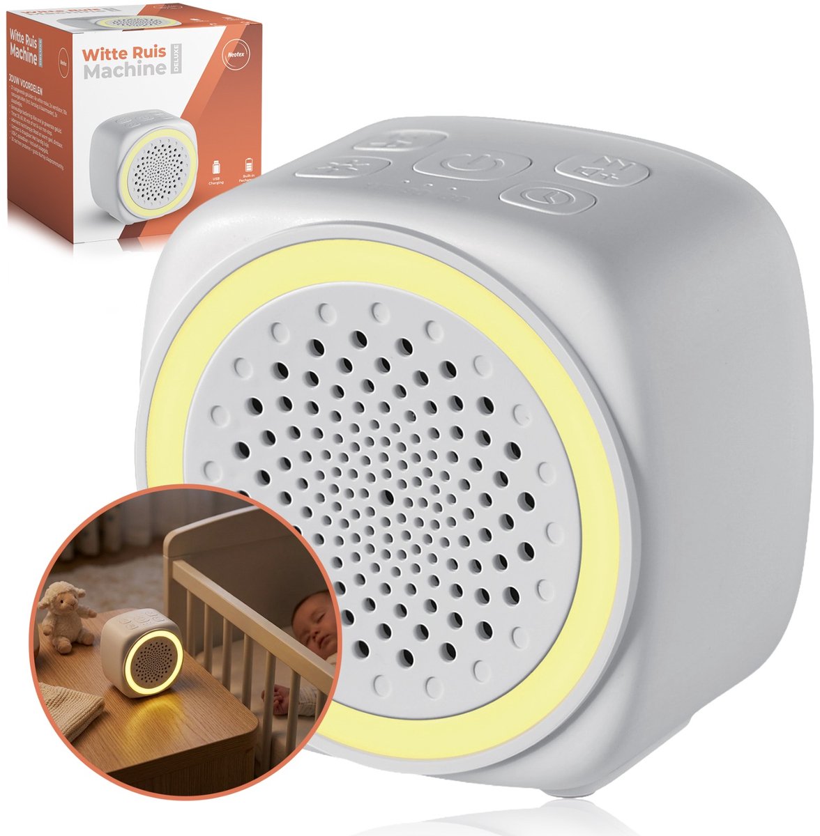 Neotex® Baby White Noise Machine – Witte Ruis Baby – Slaaptrainer met 26 Geluiden – Nachtlampje met RGB Licht – Oplaadbaar via USB-C – Timerfunctie – White Noise Apparaat voor Baby’s en Kinderen – Slaap Hulp