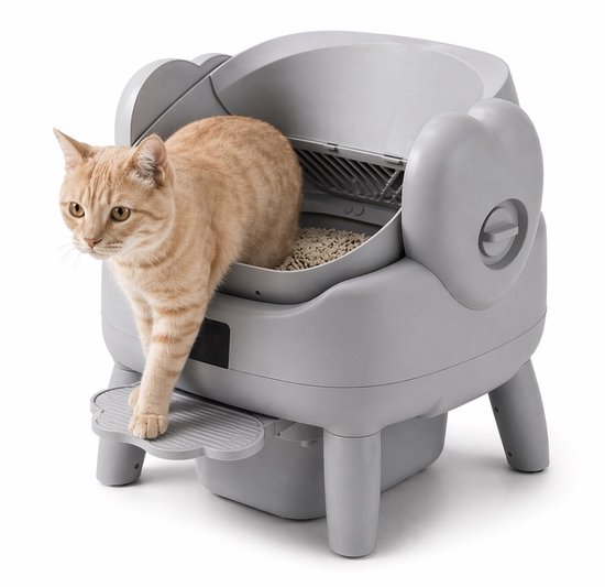 Automatische zelfreinigende kattenbak met app, elektrisch, open design, geschikt voor grote katten, inclusief accessoires, grijs
