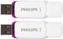 Twee witte USB 2.0 sticks met paarse accenten en de tekst "Philips 64GB".