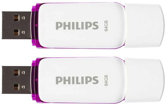 Twee witte USB 2.0 sticks met paarse accenten en de tekst "Philips 64GB".