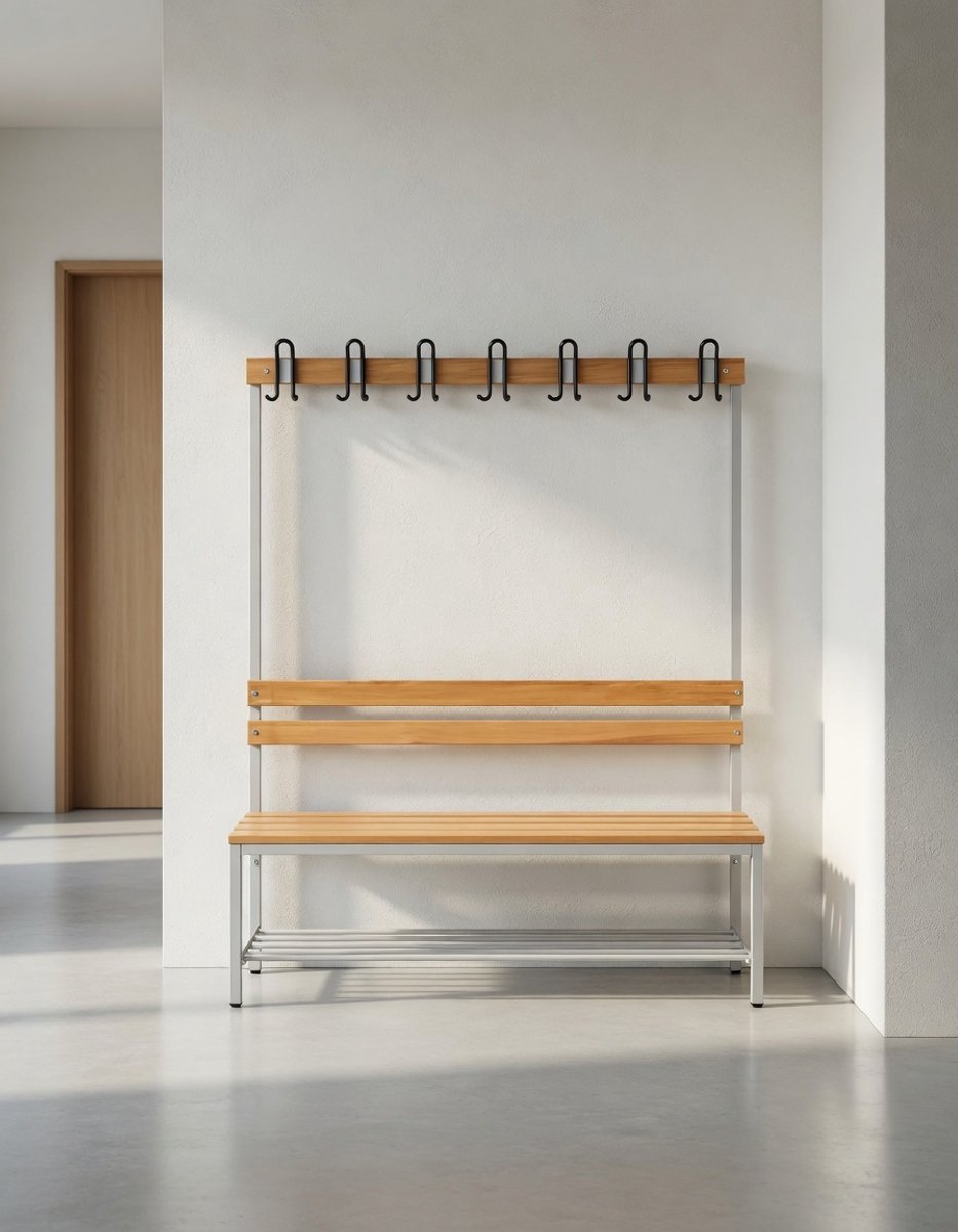 Garderobebank met Kapstok en Schoenenrek 150 cm – Ganeey – Kleedkamerbank met Stalen Frame en Massief Hardhouten Zitting – 7 Dubbele Haken – Industrieel Design voor School, Sporthal, Zwembad en Bedrijf